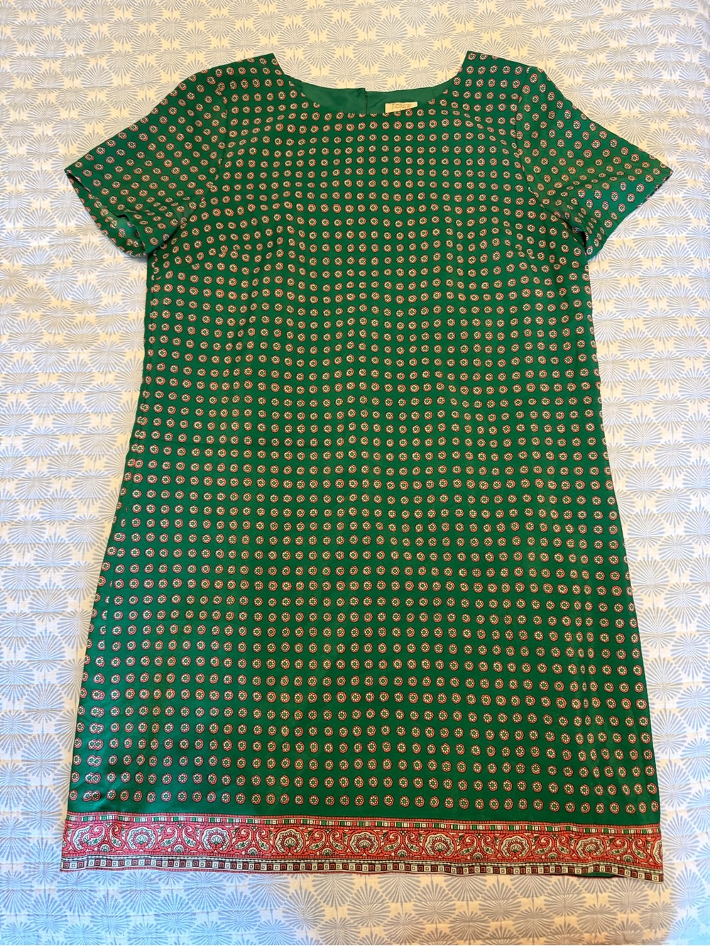 J. Crew Green Printed Short-Sleeve Shift Dress with Red Border